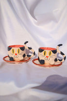 Lily & Loly Ceramics-Siyah Beyaz Renkli Kedi Desenli Kedili Türk Kahvesi Seti - El Yapımı Seramik Fincan Seti (2 Li)-Bardak-6-Milagron.com