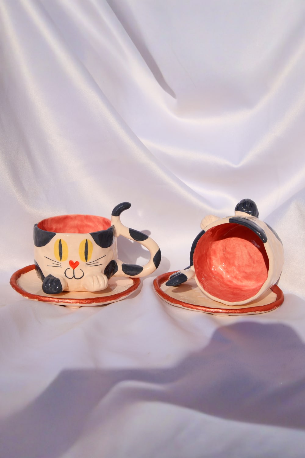 Lily & Loly Ceramics-Siyah Beyaz Renkli Kedi Desenli Kedili Türk Kahvesi Seti - El Yapımı Seramik Fincan Seti (2 Li)-Bardak-7-Milagron.com