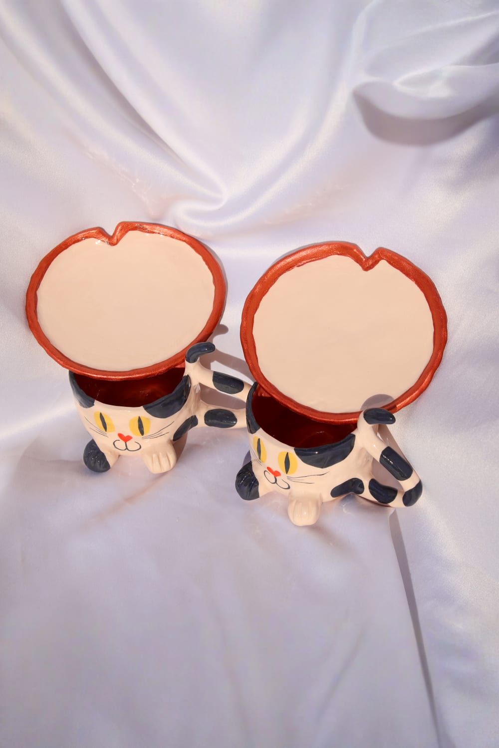 Lily & Loly Ceramics-Siyah Beyaz Renkli Kedi Desenli Kedili Türk Kahvesi Seti - El Yapımı Seramik Fincan Seti (2 Li)-Bardak-9-Milagron.com