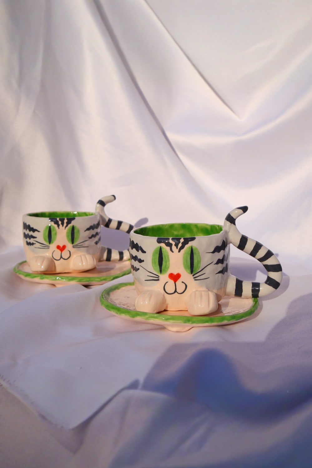 Lily & Loly Ceramics-Tatlı Gri Tekir Kedi Desenli Kedili Türk Kahvesi Seti - El Yapımı Seramik Fincan Seti (2 Li)-Bardak-1-Milagron.com