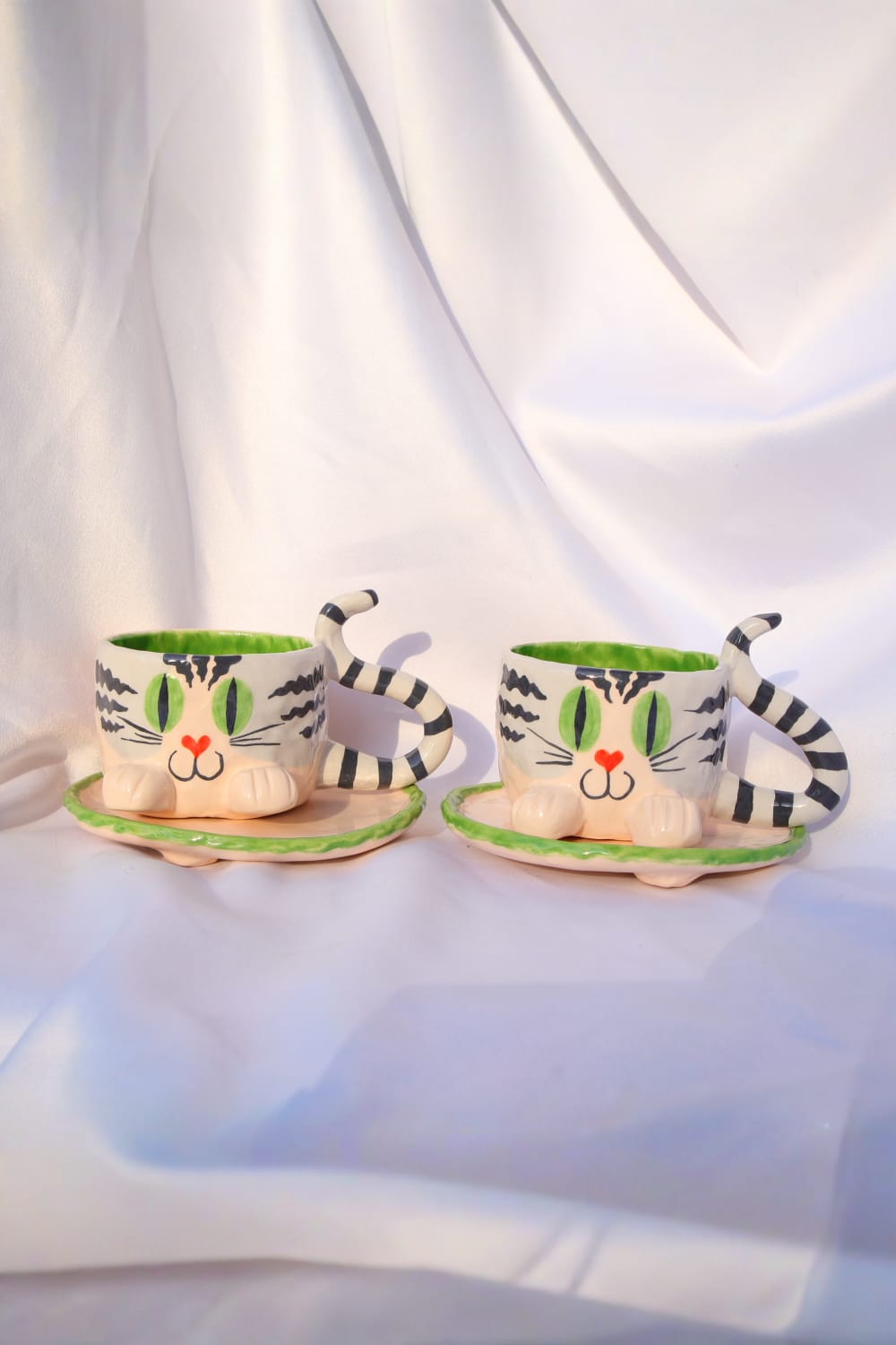 Lily & Loly Ceramics-Tatlı Gri Tekir Kedi Desenli Kedili Türk Kahvesi Seti - El Yapımı Seramik Fincan Seti (2 Li)-Bardak-10-Milagron.com