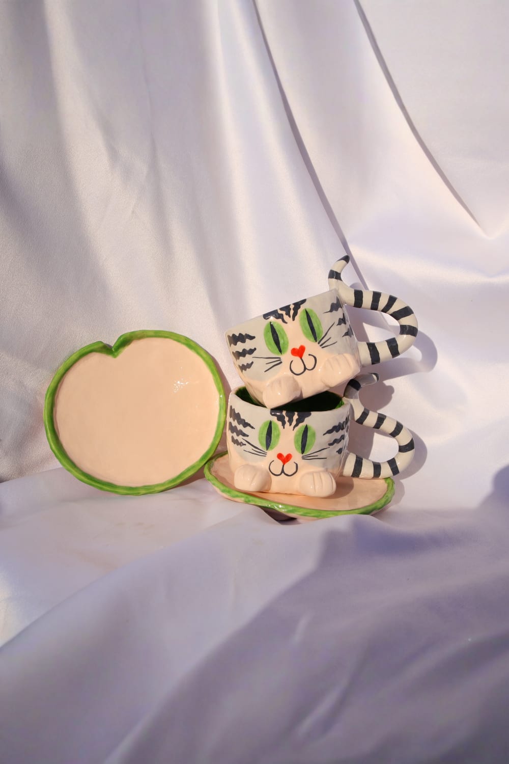 Lily & Loly Ceramics-Tatlı Gri Tekir Kedi Desenli Kedili Türk Kahvesi Seti - El Yapımı Seramik Fincan Seti (2 Li)-Bardak-2-Milagron.com