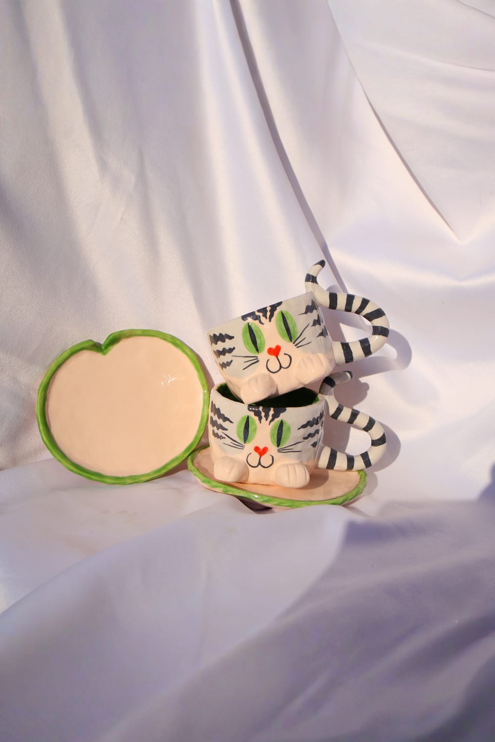 Lily & Loly Ceramics-Tatlı Gri Tekir Kedi Desenli Kedili Türk Kahvesi Seti - El Yapımı Seramik Fincan Seti (2 Li)-Bardak-5-Milagron.com