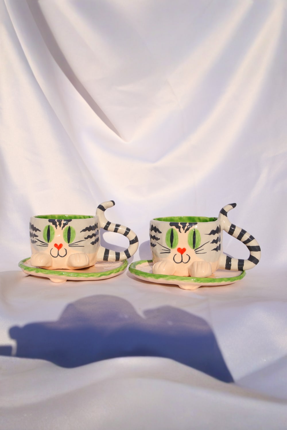 Lily & Loly Ceramics-Tatlı Gri Tekir Kedi Desenli Kedili Türk Kahvesi Seti - El Yapımı Seramik Fincan Seti (2 Li)-Bardak-6-Milagron.com