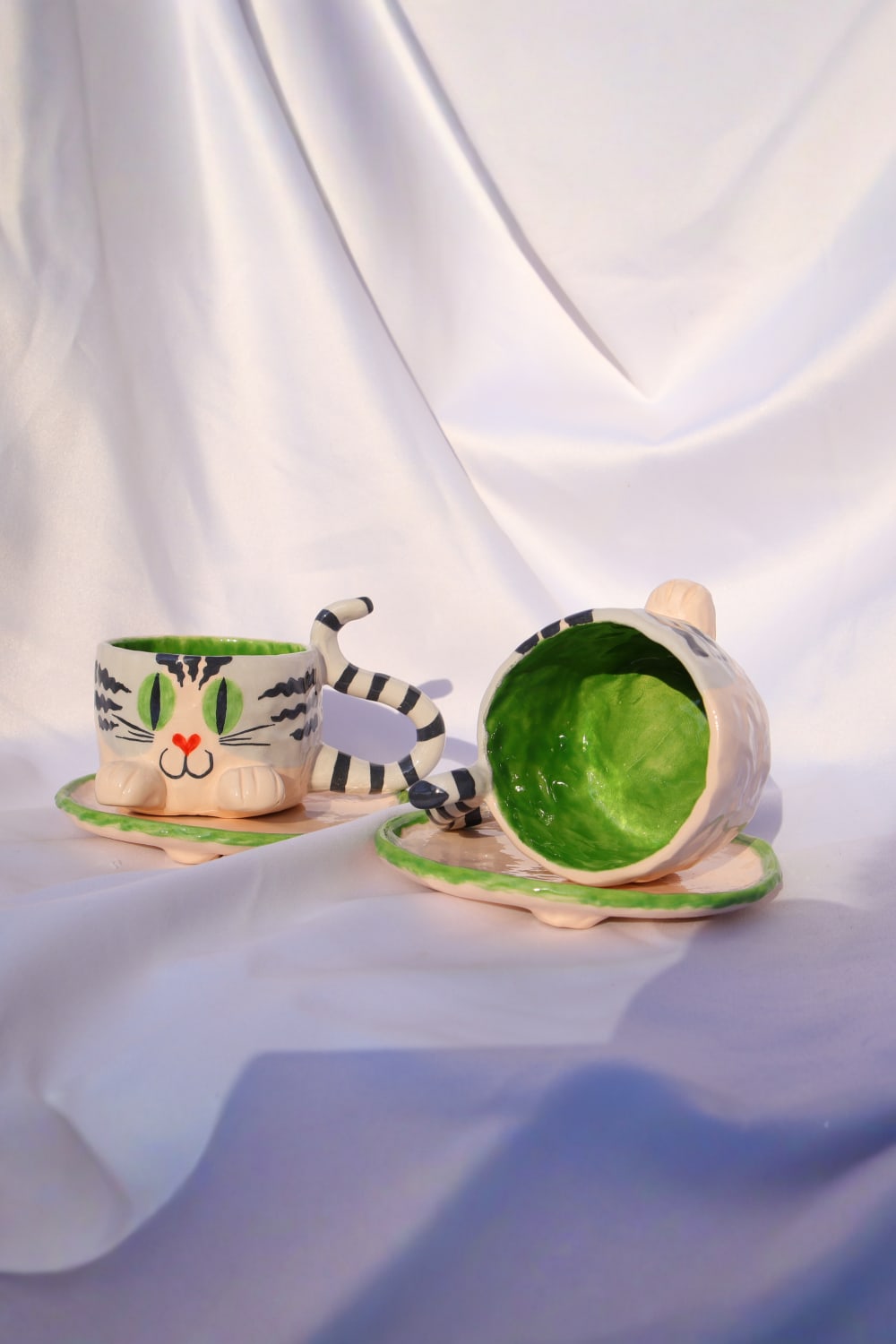 Lily & Loly Ceramics-Tatlı Gri Tekir Kedi Desenli Kedili Türk Kahvesi Seti - El Yapımı Seramik Fincan Seti (2 Li)-Bardak-8-Milagron.com