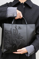 Embroidered Black Leather Tote - 0