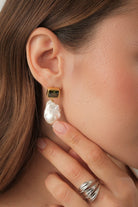 Haki YeşIli Kristal TaşLı Barok İNci SallantıLı KüPe - 0