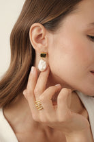 Haki YeşIli Kristal TaşLı Barok İNci SallantıLı KüPe - 5