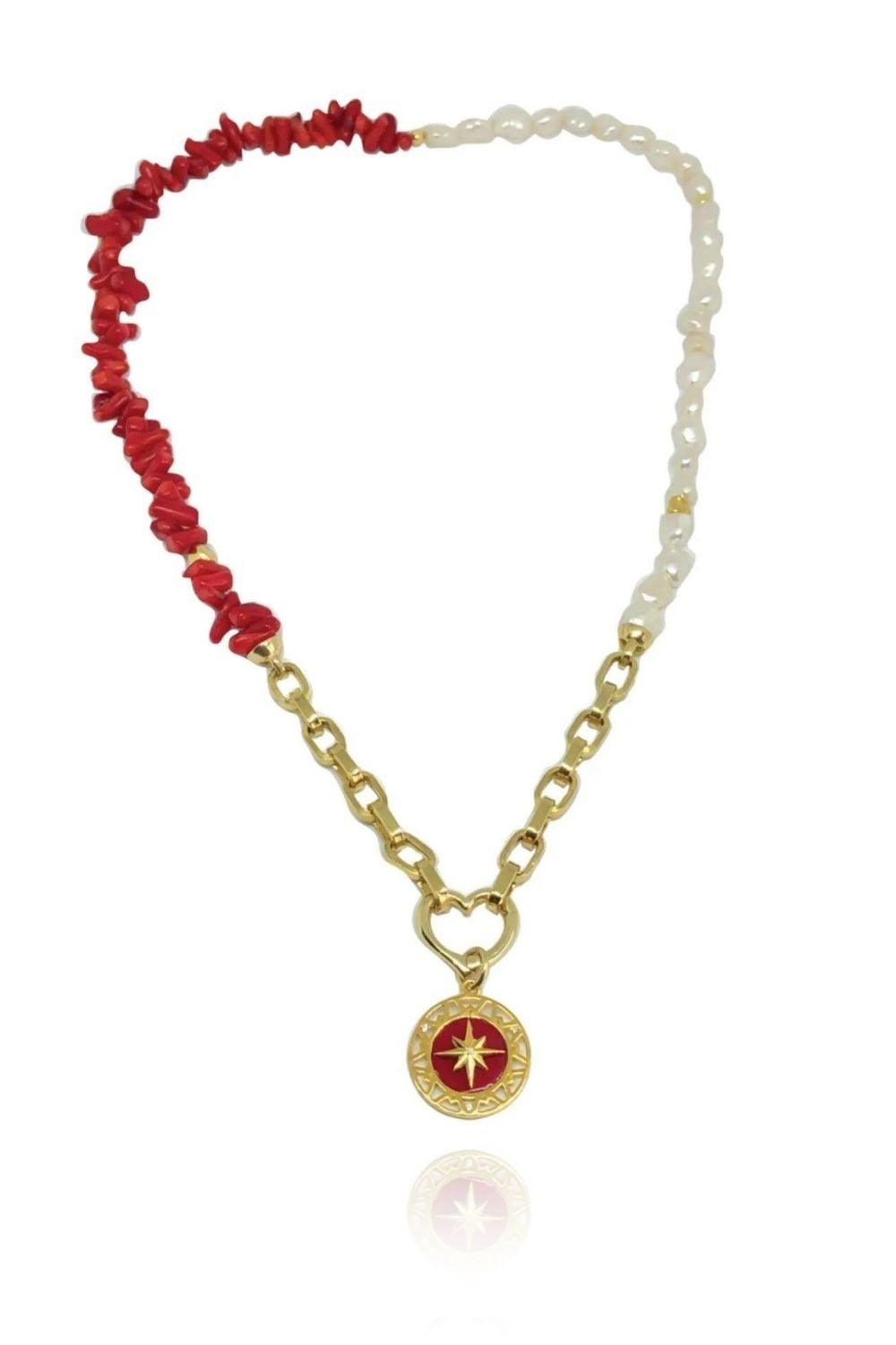 Linya Jewellery-Kutup Yıldızı Kırmızı Mercan Madalyon-Kolye-1-Milagron.com