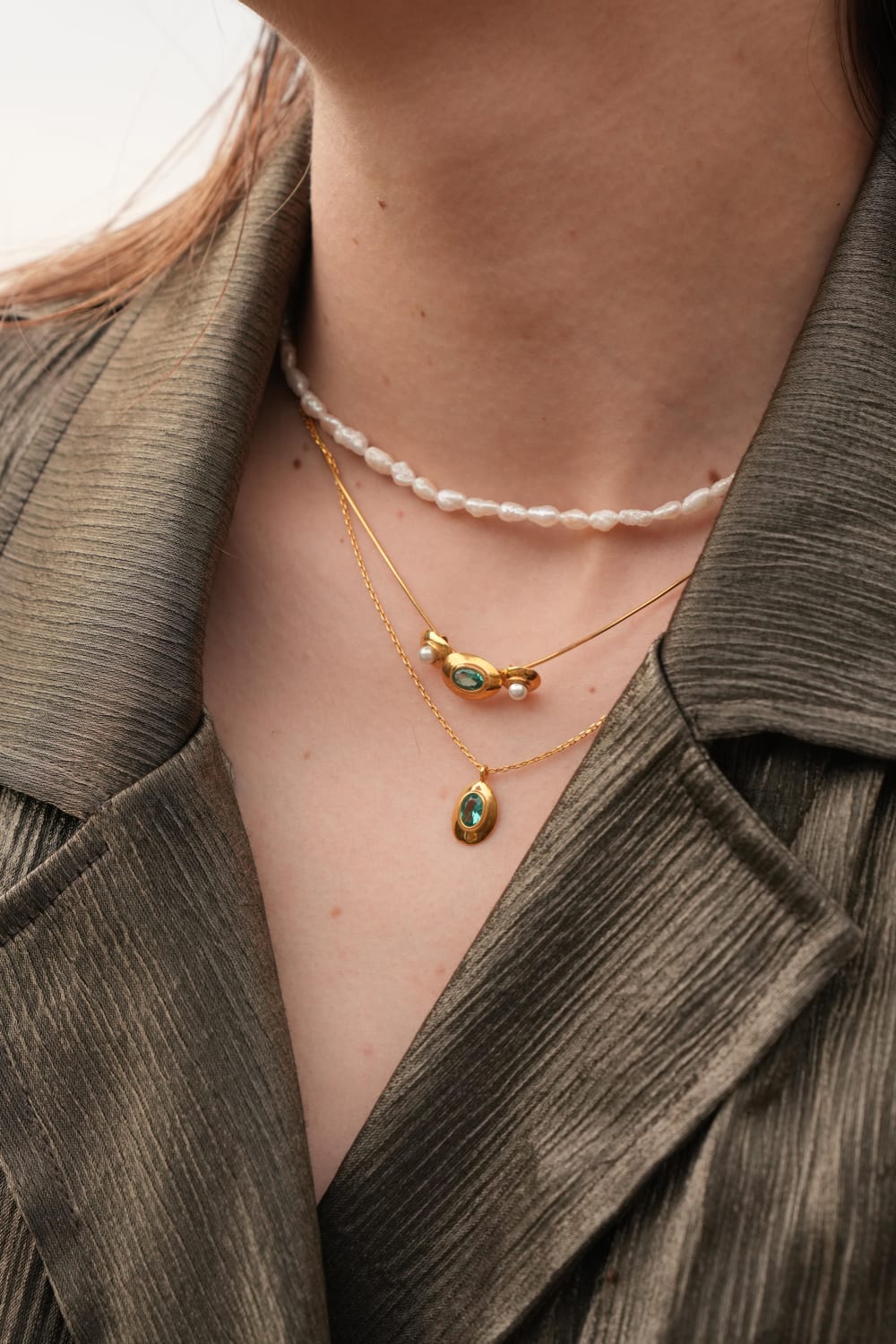 Linya Jewellery-Luna Yeşil Taşlı İncili Kolye-Kolye-3-Milagron.com