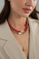 Mini Bordo TaşLı Kapaklı Madalyon Kolye Gold - 2