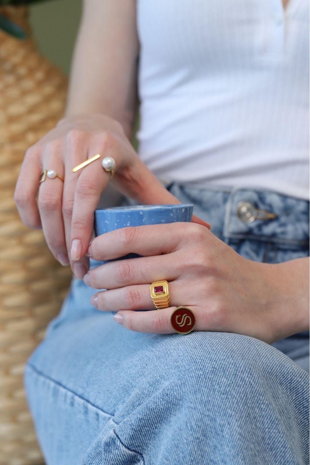 Linya Jewellery-Oktagon Bordo Taşlı Yüzük-Yüzük-1-Milagron.com