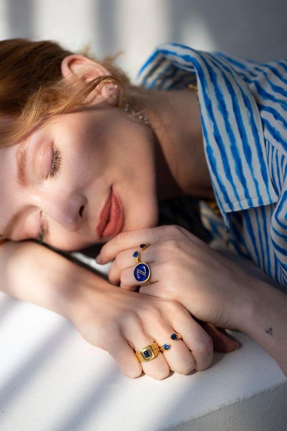 Linya Jewellery-Oktagon Lacivert Taşlı Yüzük-Yüzük-5-Milagron.com