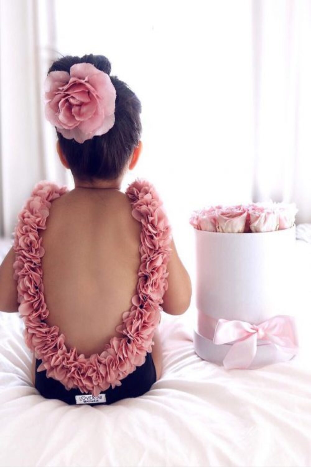 After Party Black Kids Swimsuit With Pink Chiffon Flowers Straps - 0