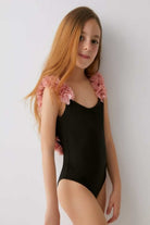 After Party Black Kids Swimsuit With Pink Chiffon Flowers Straps - 1