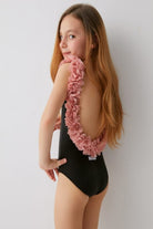 After Party Black Kids Swimsuit With Pink Chiffon Flowers Straps - 2