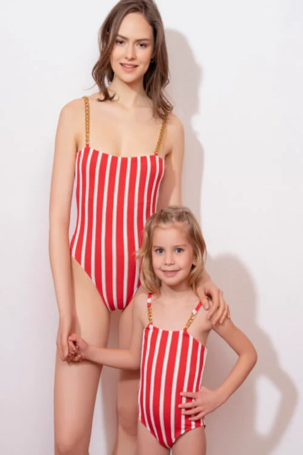 Maria Red Stripe Swimsuit With Gold Chain Straps - 2