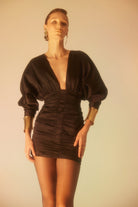 Lunaire Studio-Dark Allure - Uzun Kollu V Yaka Mini Elbise-Elbise-1-Milagron.com