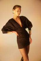 Lunaire Studio-Dark Allure - Uzun Kollu V Yaka Mini Elbise-Elbise-2-Milagron.com