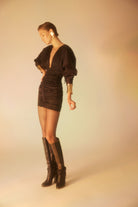 Lunaire Studio-Dark Allure - Uzun Kollu V Yaka Mini Elbise-Elbise-3-Milagron.com