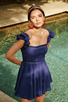 Lunaire Studio-Lily of The Nile - Saks Büzgülü ve Volanlı Mini Elbise-Elbise-2-Milagron.com