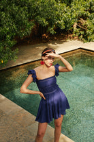 Lunaire Studio-Lily of The Nile - Saks Büzgülü ve Volanlı Mini Elbise-Elbise-3-Milagron.com