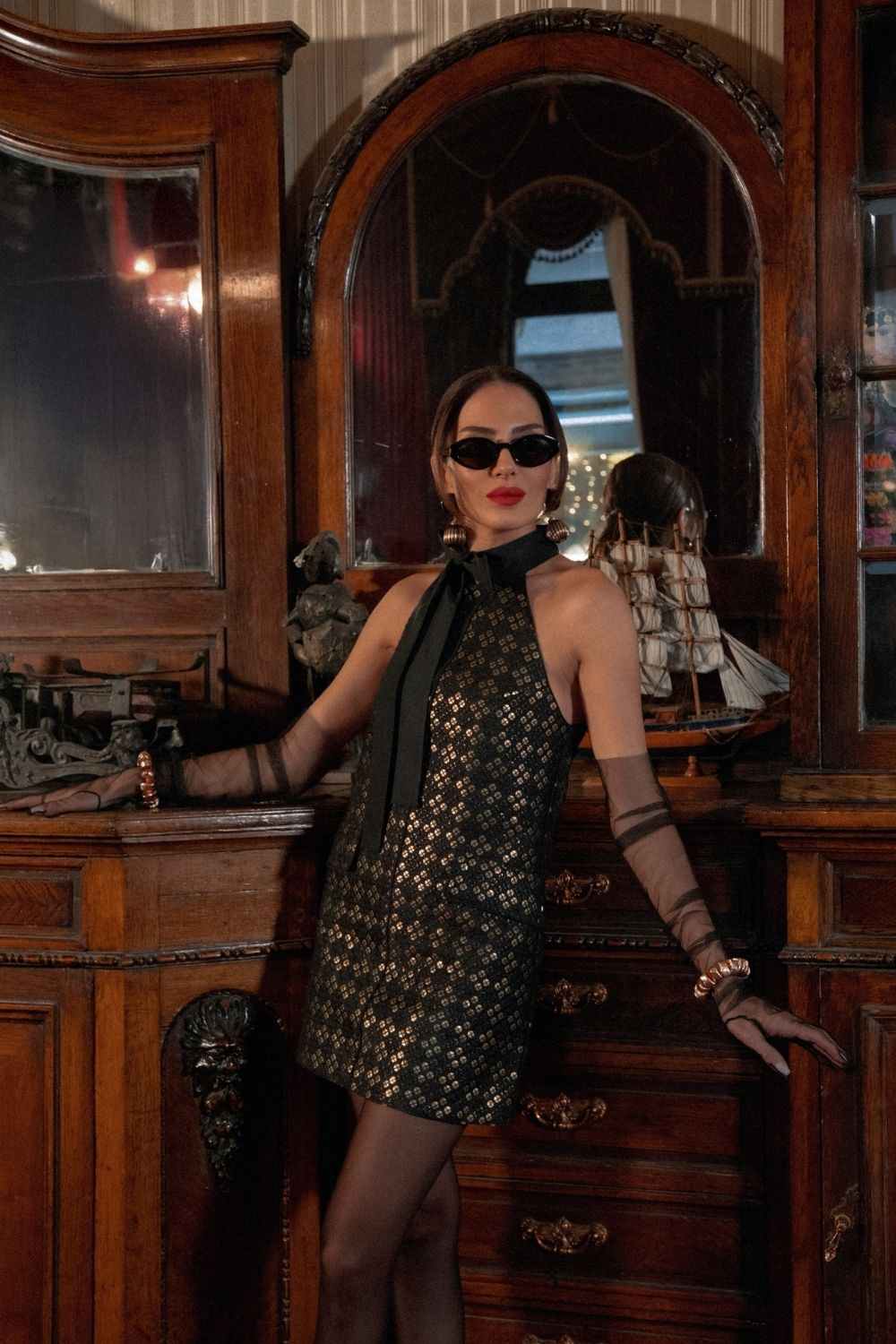 Luna - Payetli Halter Yaka Mini Elbise - 3