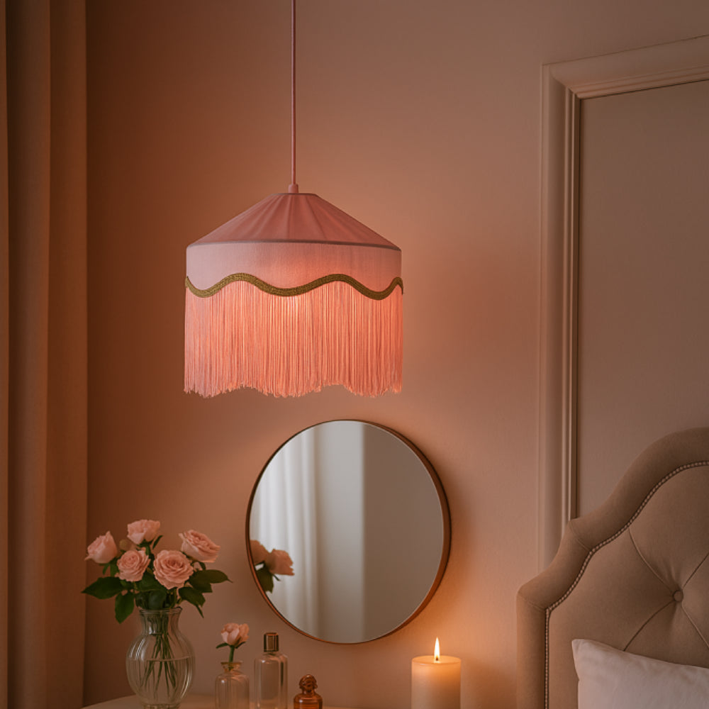 Luna Sarkıt Avize – Cotton Candy | 40 Cm Pastel Pembe El Yapımı Vintage Püsküllü Kumaş Avize