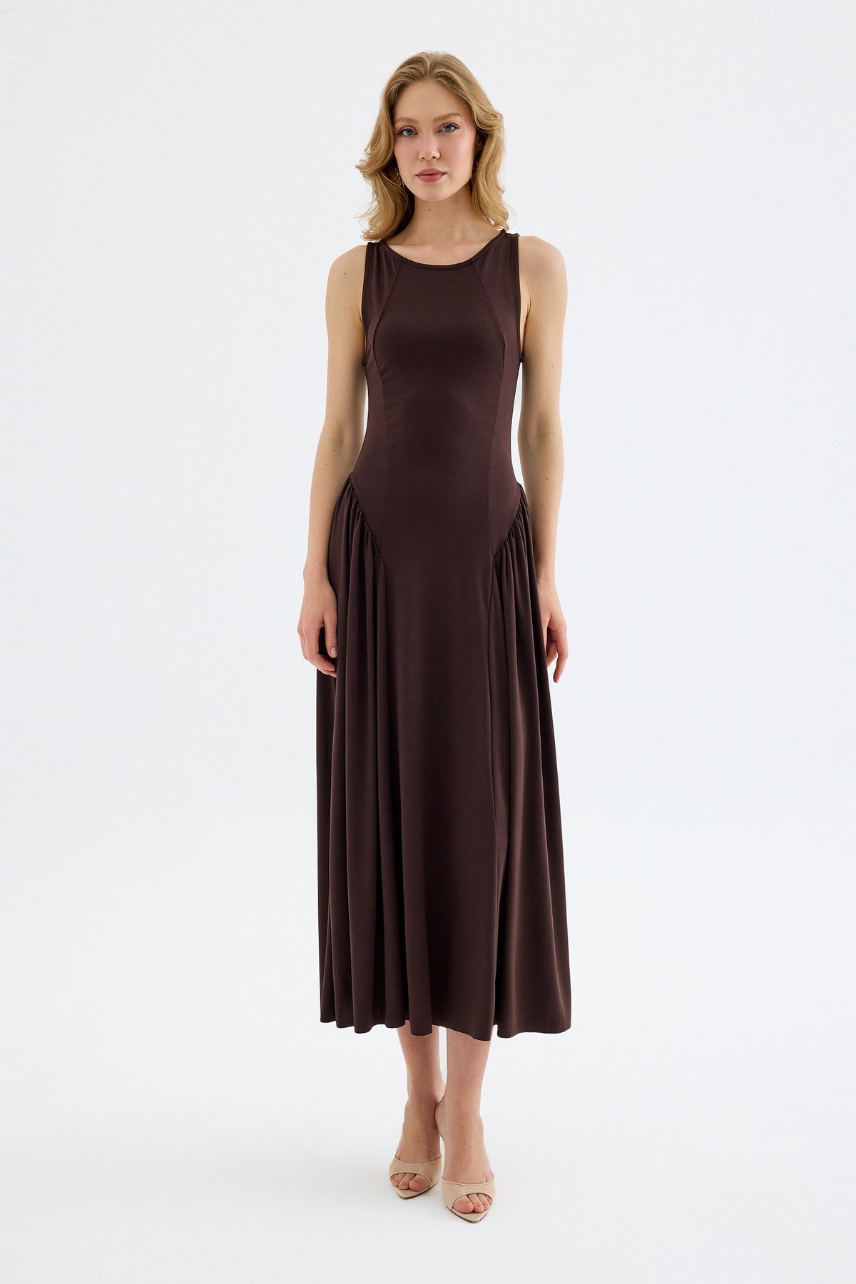 Elaris Bodycon Viskon Midi Elbise - Kahverengi