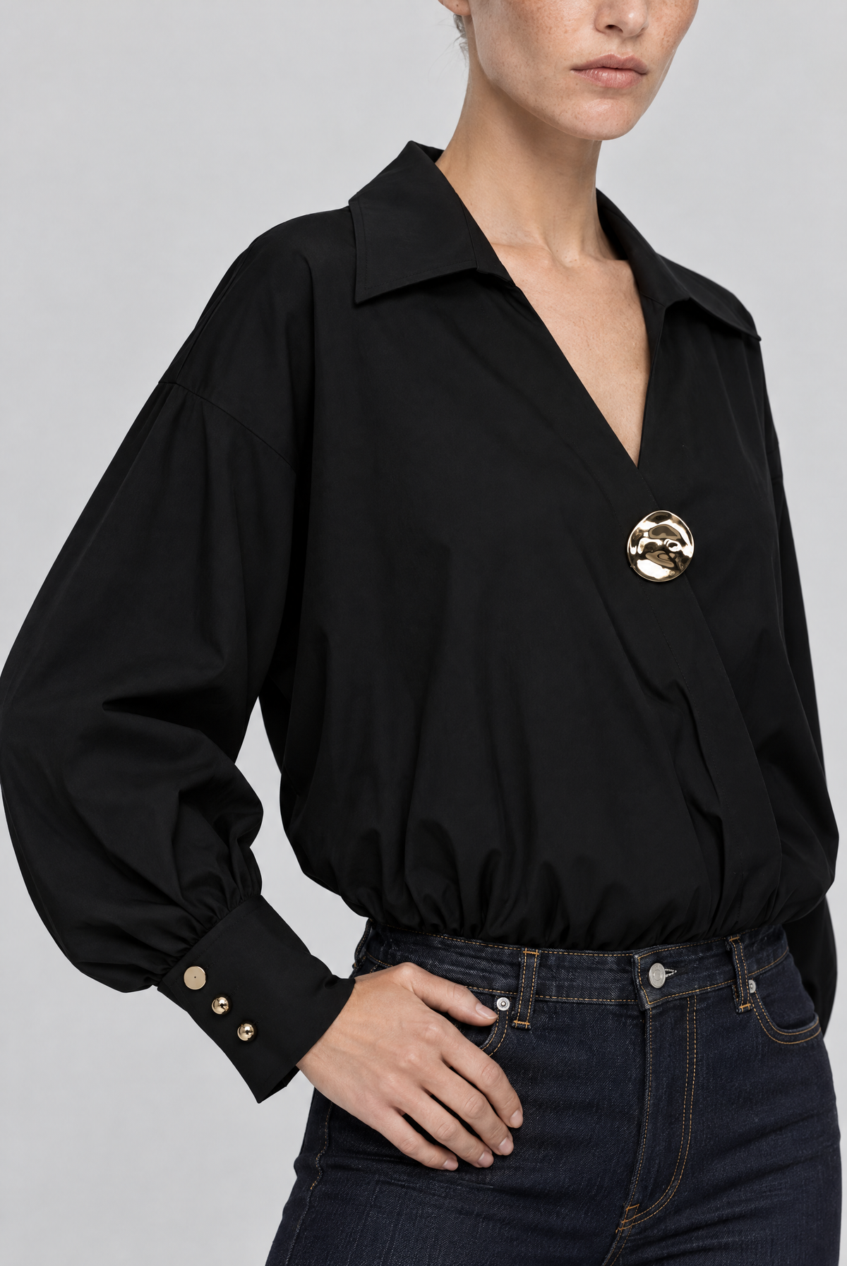Lana Gold Düğmeli Poplin Gömlek Siyah