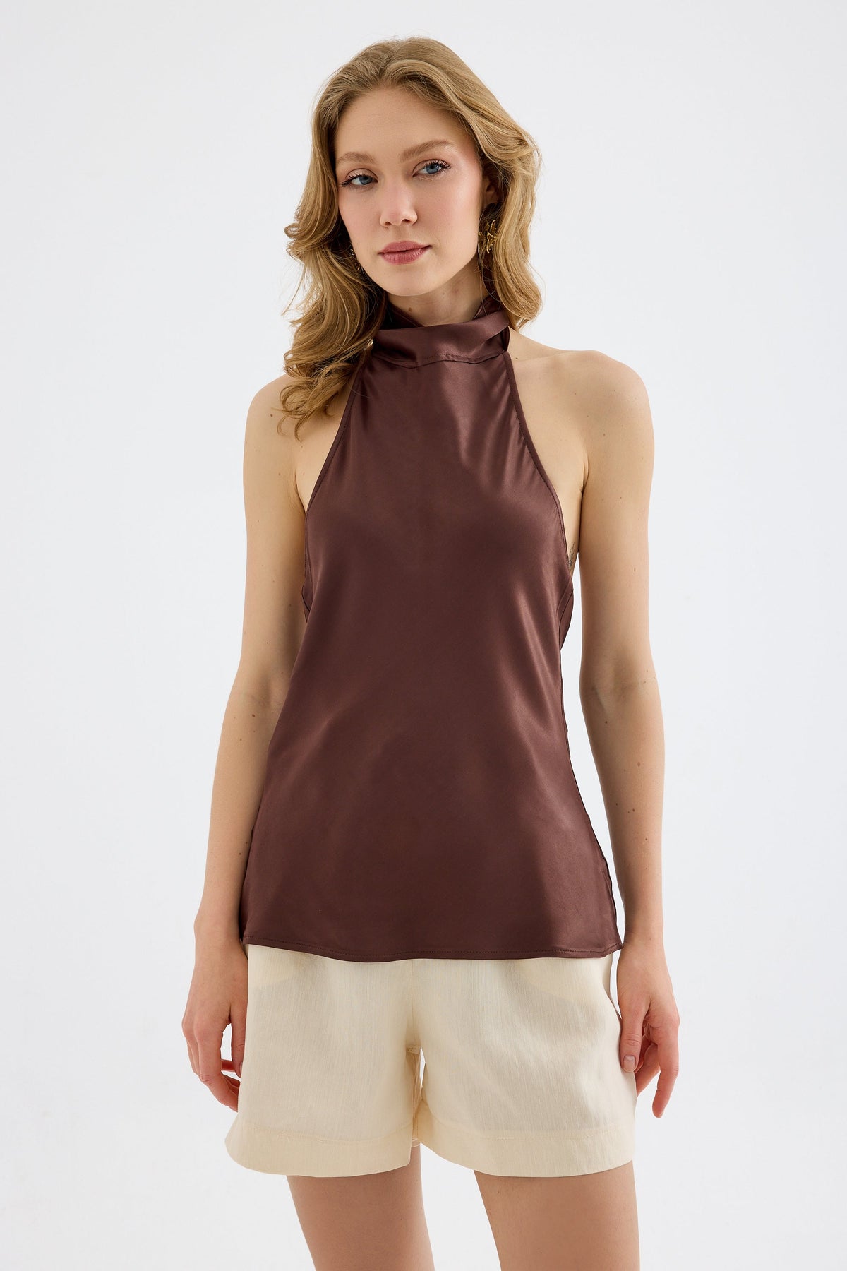Veyra Silk Effect Viskon Halter Bluz - Kahverengi