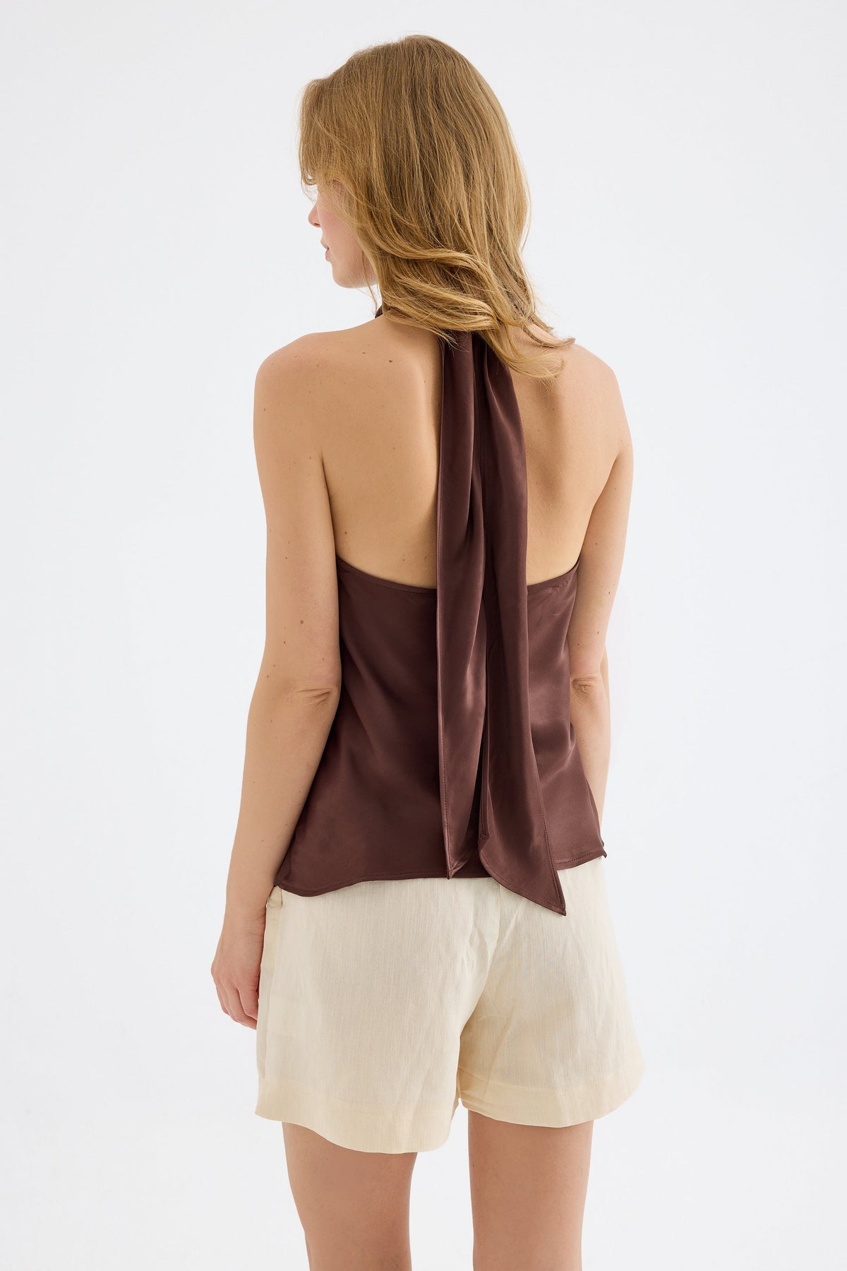 Veyra Silk Effect Viskon Halter Bluz - Kahverengi