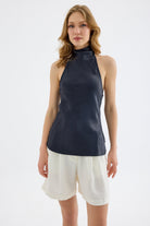 Veyra Silk Effect Viskon Halter Bluz - Lacivert