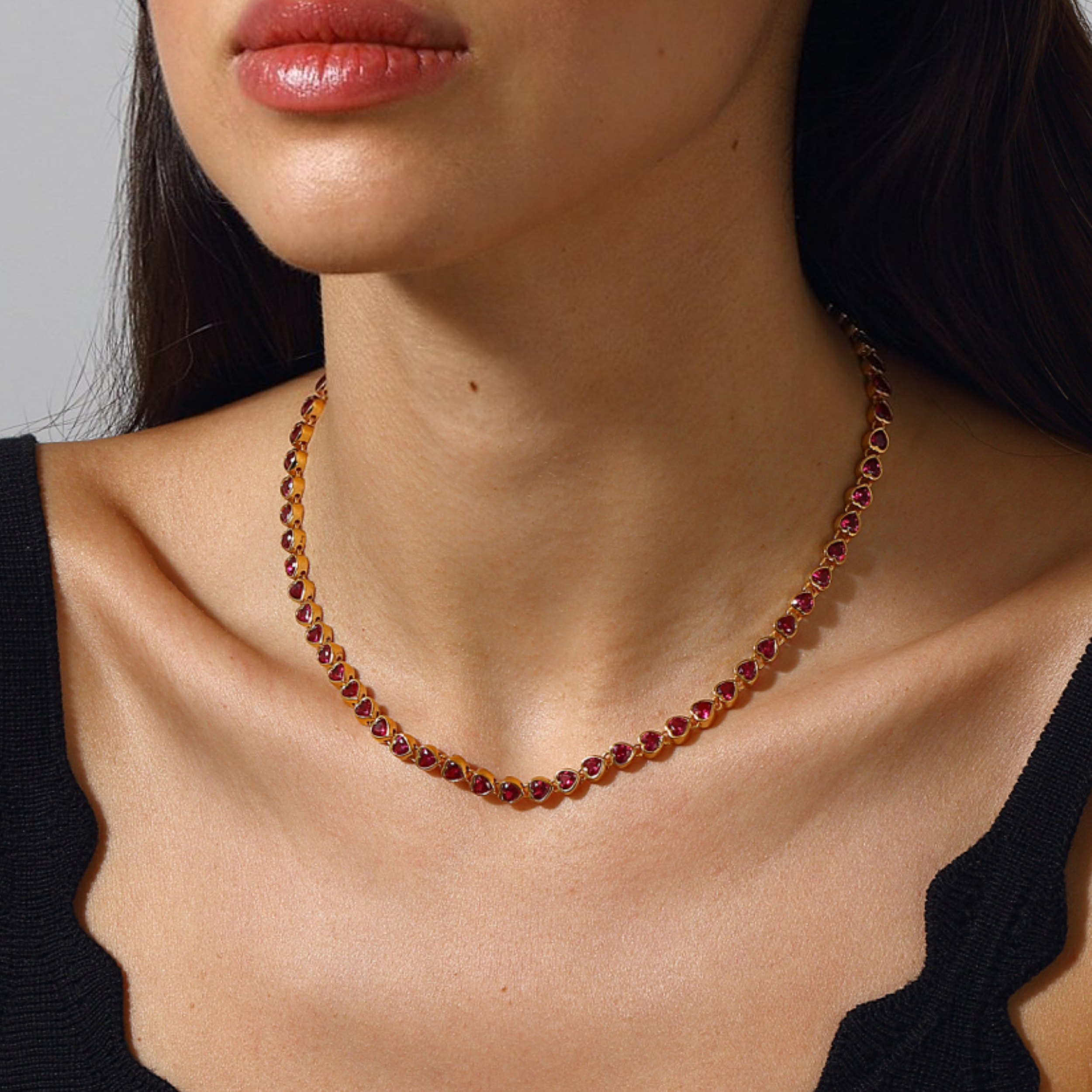 Maison Soula-Many Tiny Hearts Tennis Necklace Vibrant Pink-Necklace-2-Milagron.com