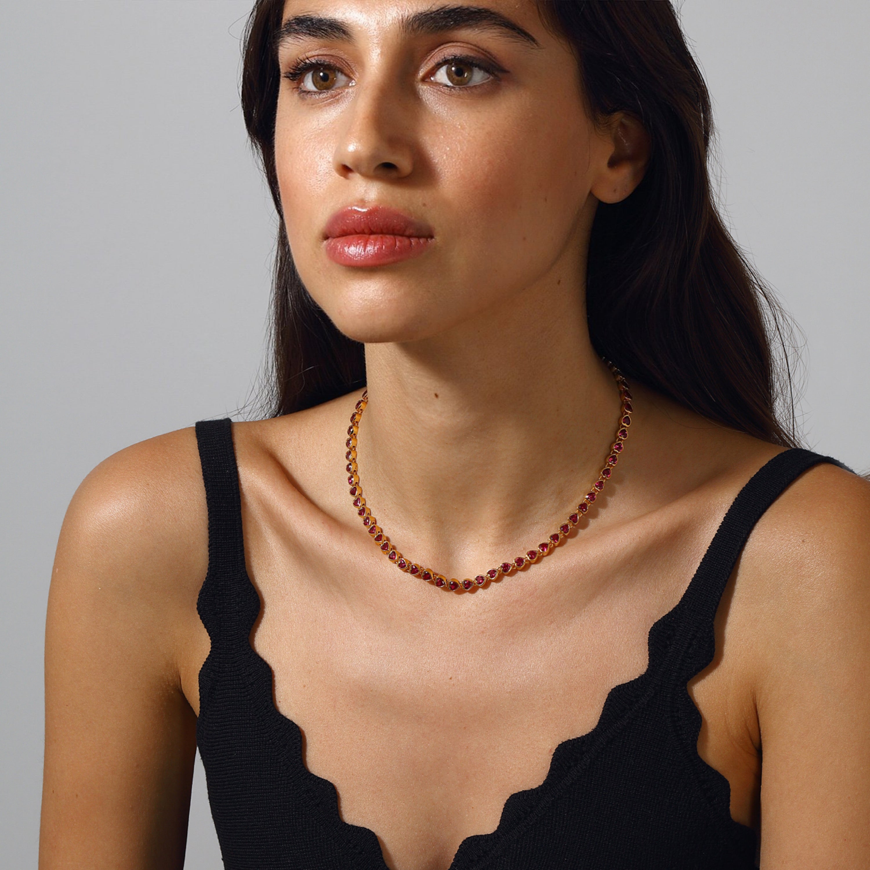 Maison Soula-Many Tiny Hearts Tennis Necklace Vibrant Pink-Necklace-4-Milagron.com