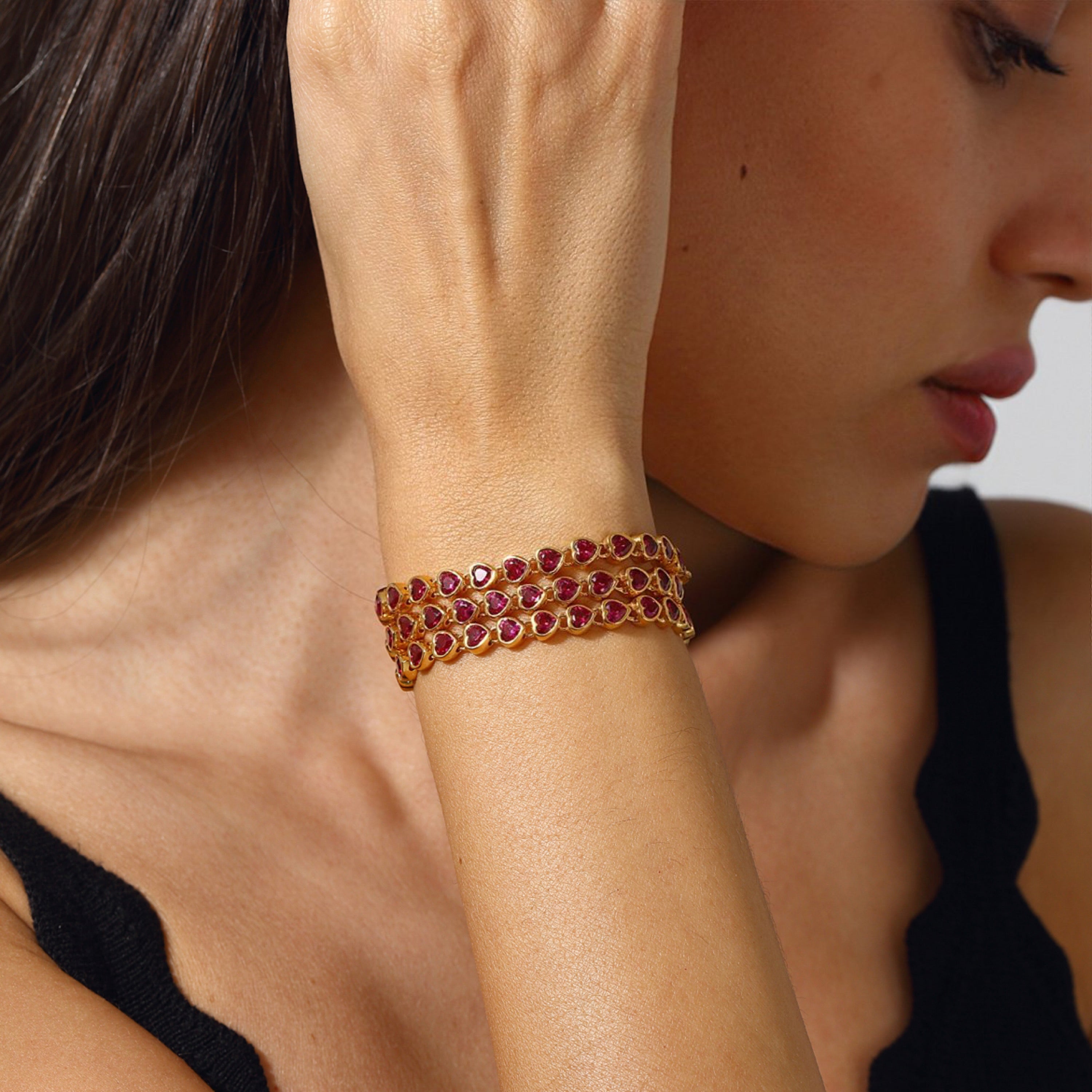 Maison Soula-Many Tiny Hearts Tennis Necklace Vibrant Pink-Necklace-6-Milagron.com