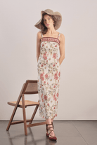 Mavlo-Burgundy Çiçekli Keten Midi Elbise-Elbise-1-Milagron.com