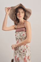 Mavlo-Burgundy Çiçekli Keten Midi Elbise-Elbise-3-Milagron.com