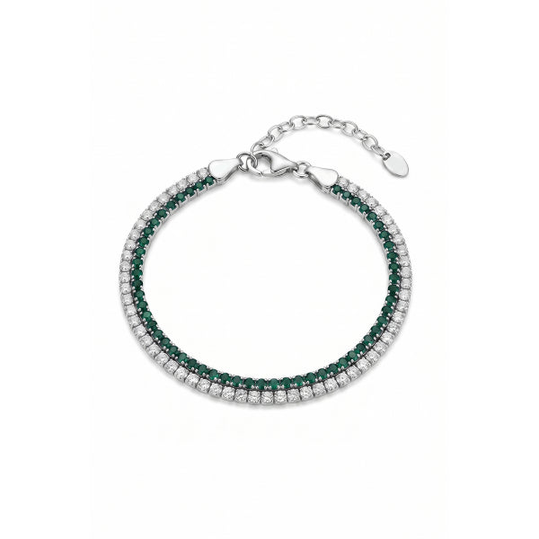925 Ayar Gümüş Yeşil-Beyaz Zirkon Taşlı Çift Sıralı Tek Zincirli Erkek Bileklik