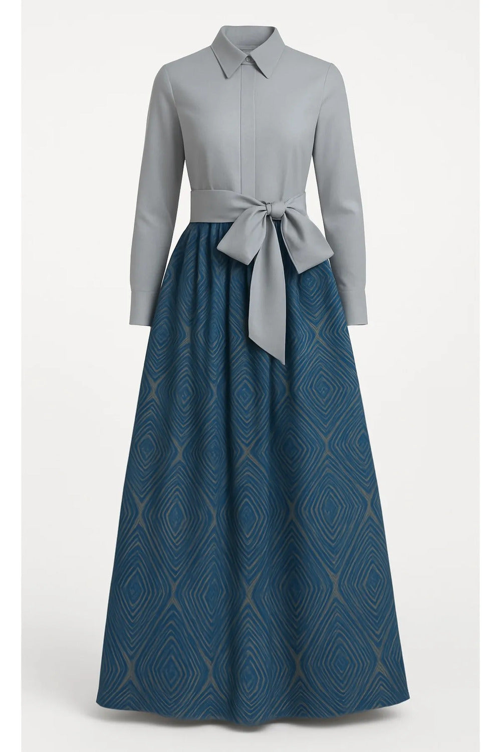 Açık Gri Tafta & İpek Brokar Kumaş Mix'li Şık Gömlek Elbise - 1