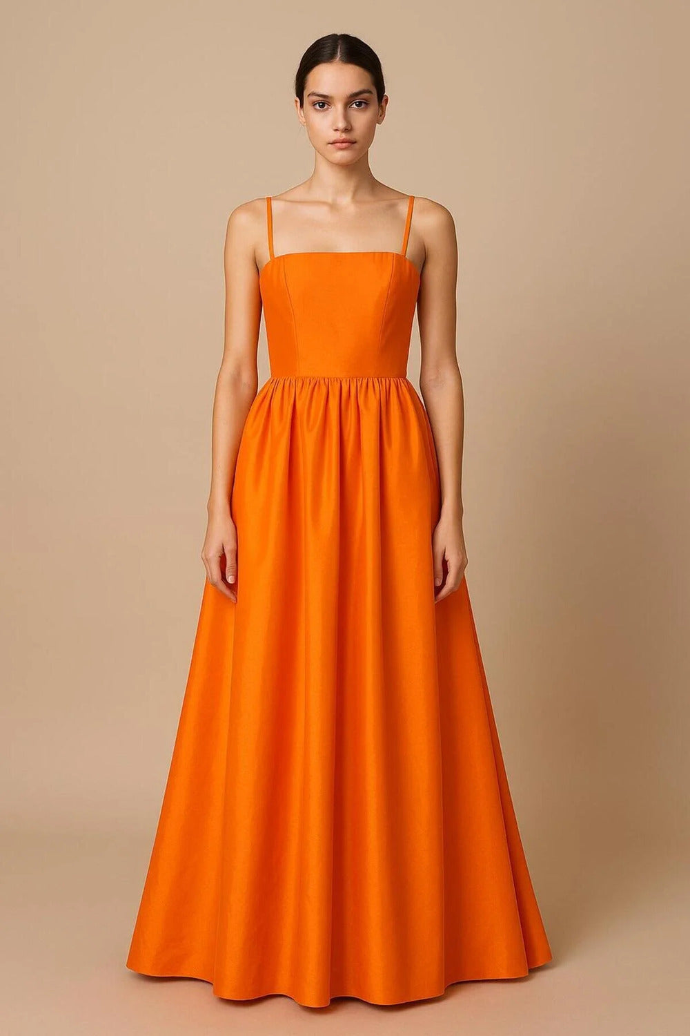 Askılı Turuncu Tafta Straplez Maxi Şık Elbise - 0
