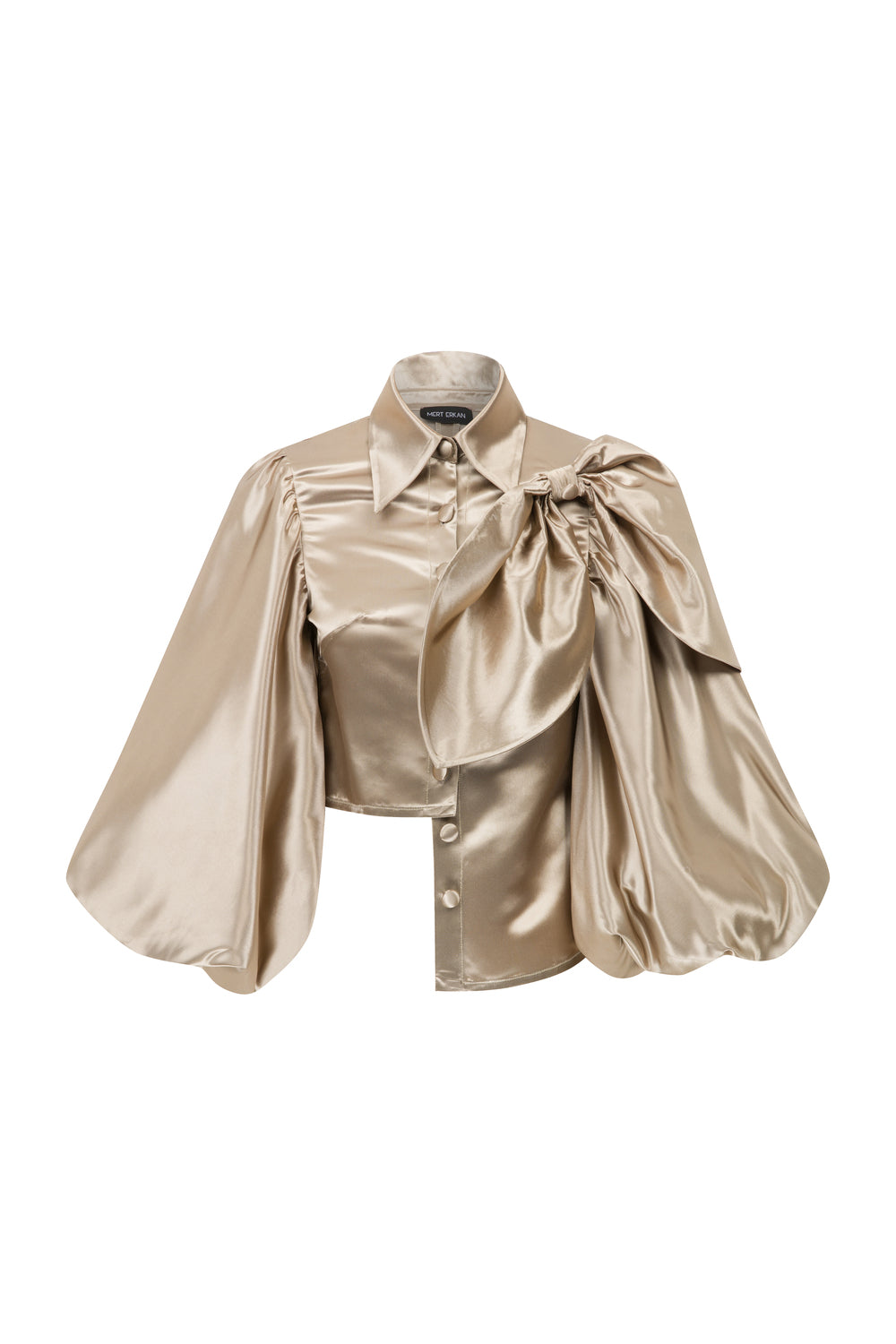 Avant-garde Balon Kollu Bej İpek Amerikan Saten Asimetrik Gömlek - 1