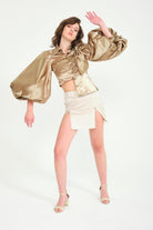 Avant-garde Balon Kollu Bej İpek Amerikan Saten Asimetrik Gömlek - 3