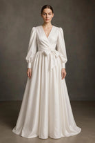 Balon Kollu, Kruvaze Kapamalı & Kuşaklı Beyaz Maxi Elbise - 0