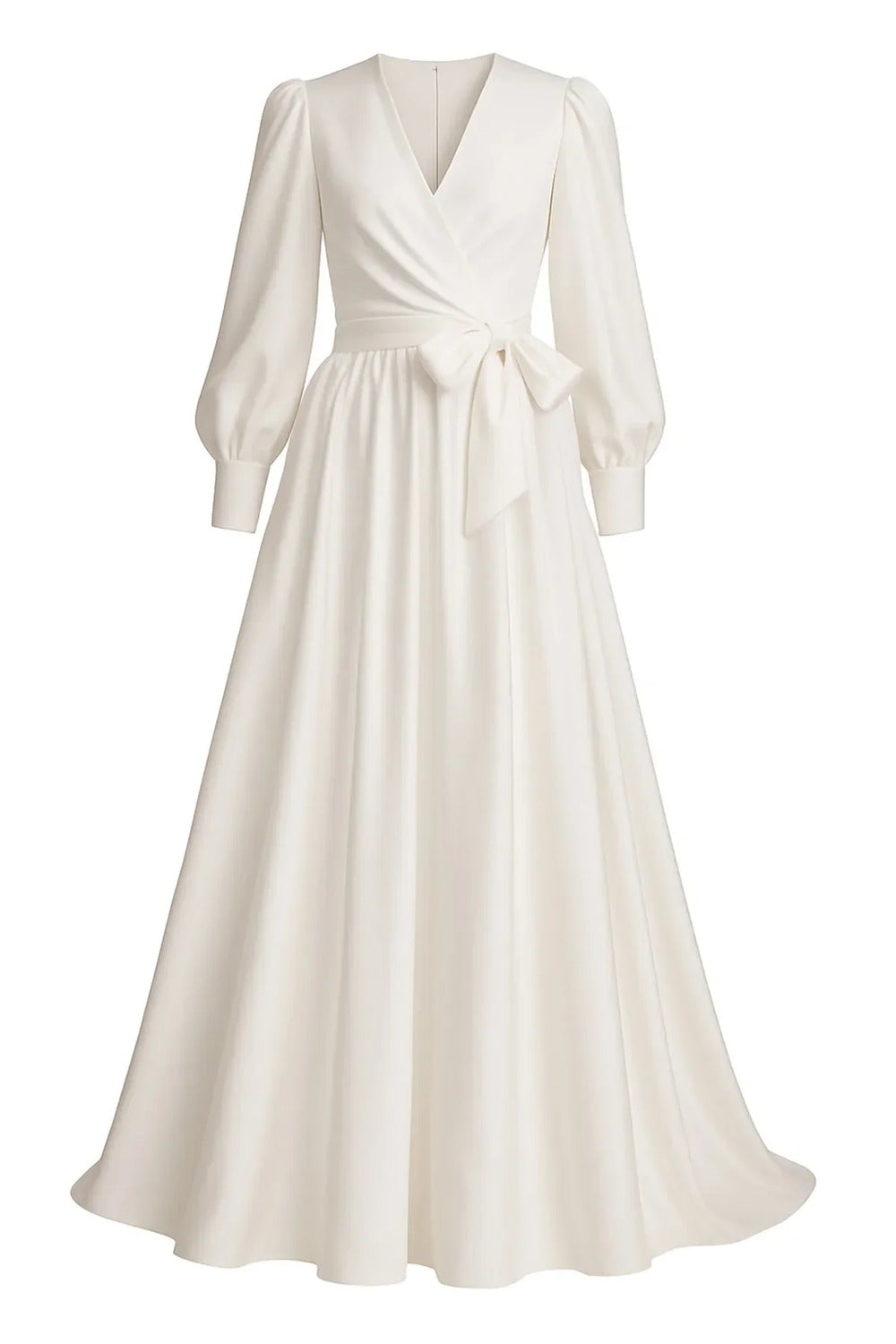Balon Kollu, Kruvaze Kapamalı & Kuşaklı Beyaz Maxi Elbise - 1