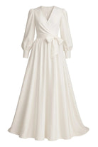 Balon Kollu, Kruvaze Kapamalı & Kuşaklı Beyaz Maxi Elbise - 1