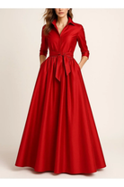 Bele Kadar Gizli Patlı Kuşaklı Şık Tafta Maxi Kırmızı Gömlek Elbise - 0