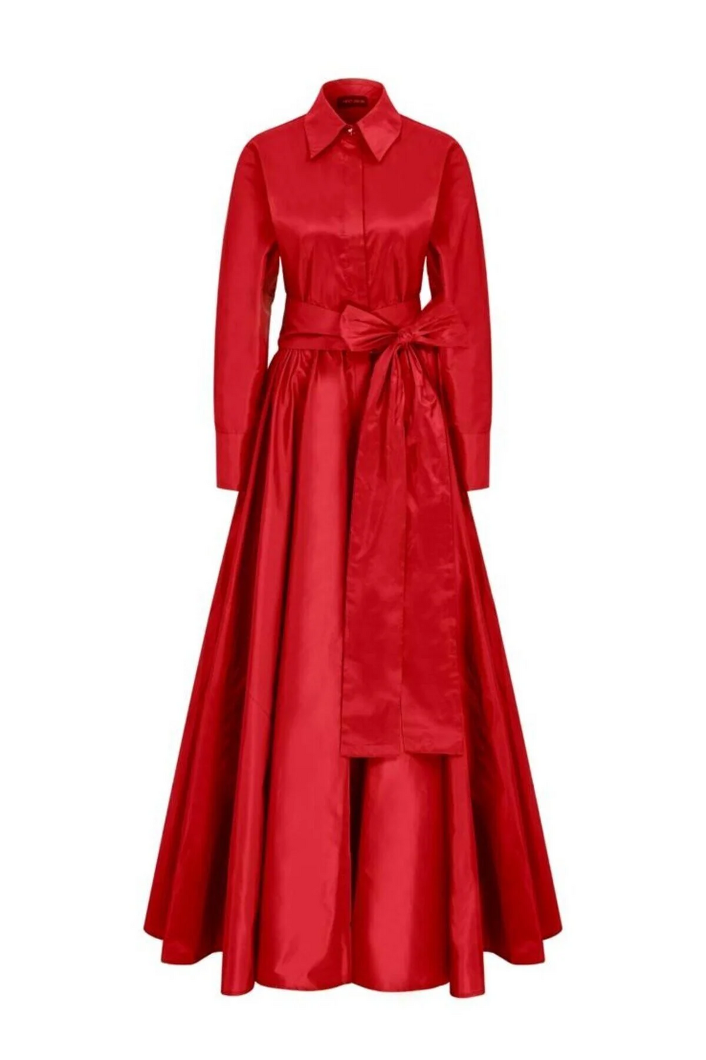 Bele Kadar Gizli Patlı Kuşaklı Şık Tafta Maxi Kırmızı Gömlek Elbise - 1