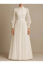 Beyaz Şeritli Dantel Kaplamalı Amerikan Saten Maxi Şık Gömlek Elbise - 0