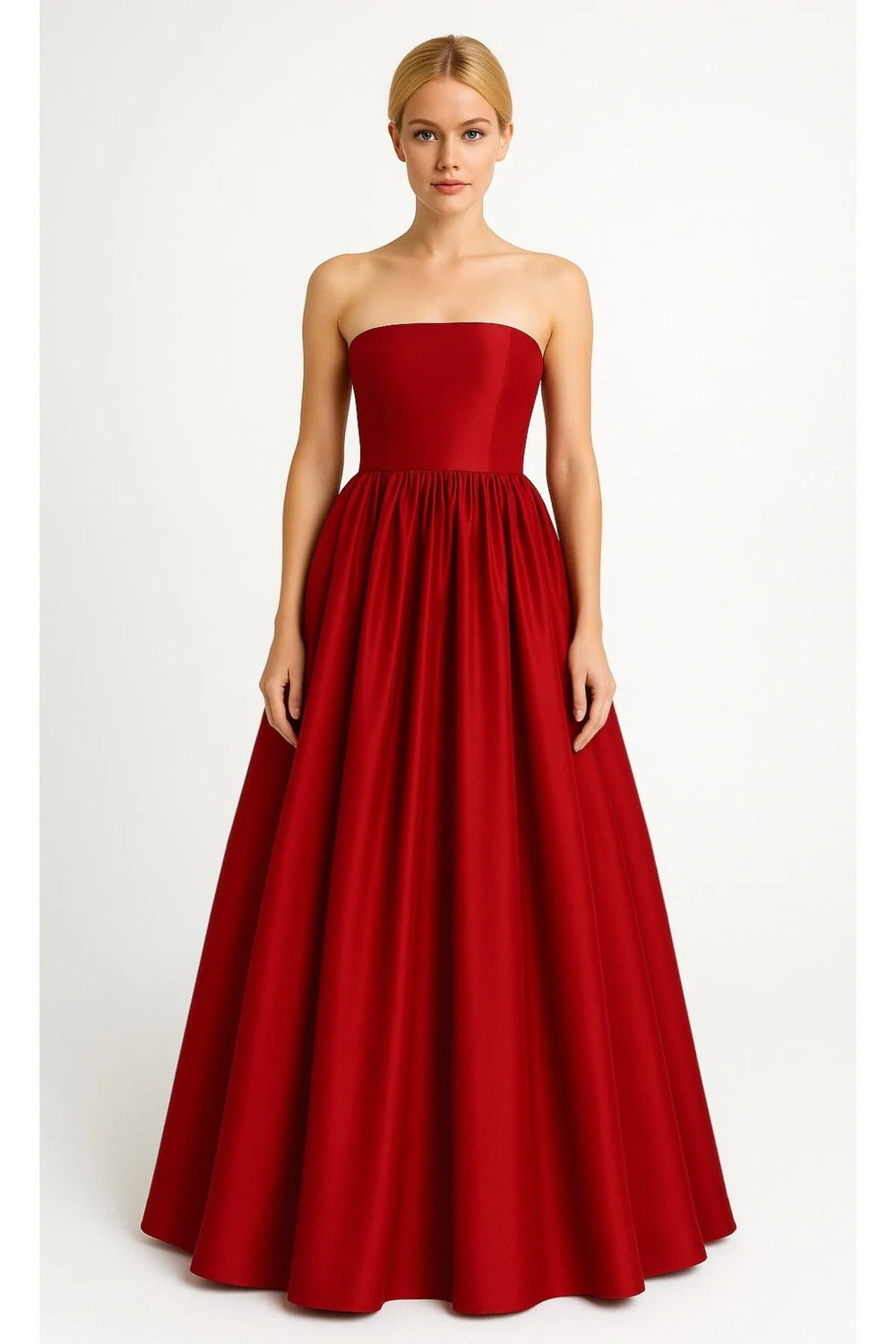 Büzgülü & Tam Daire Açılımlı Maxi Kırmızı Tafta Straplez Elbise - 0